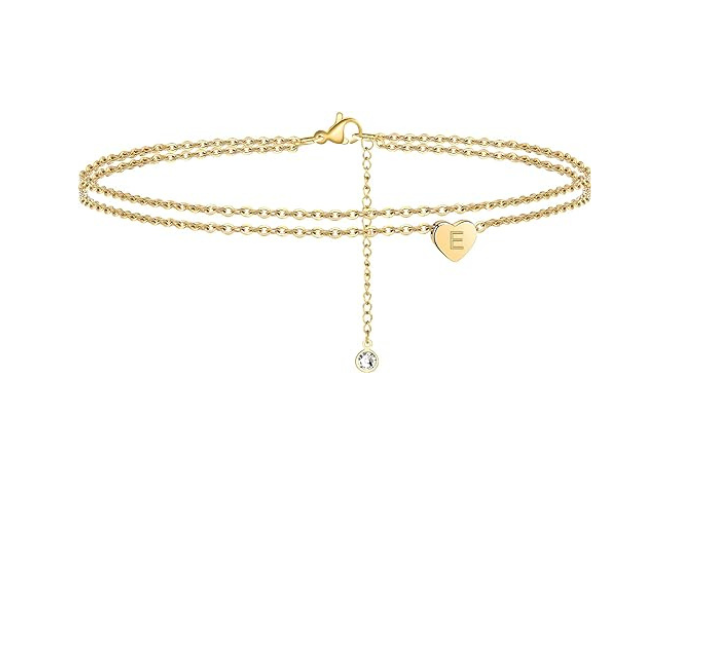 Heart Initial Ankle Bracelets for Women, 14K Gold.